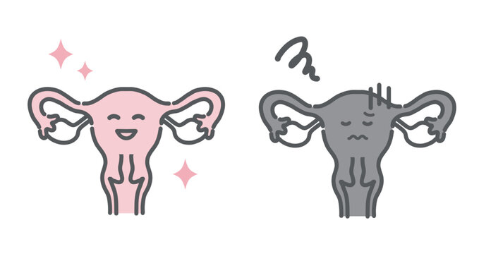 健康な子宮と不調な子宮の比較イラスト（キャラクター・対比）