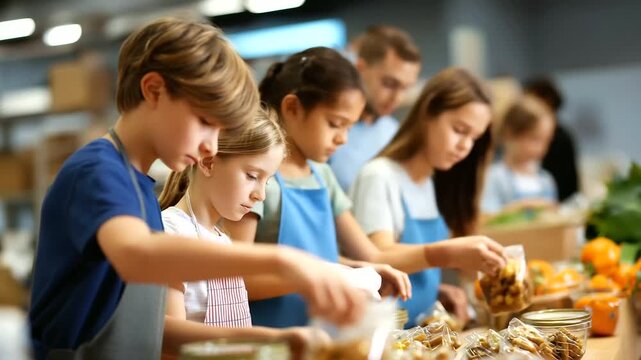 Kids volunteering group, community center activity, holiday break service, helping contribution moment, youth civic engagement, charitable participation display, seasonal giving pr