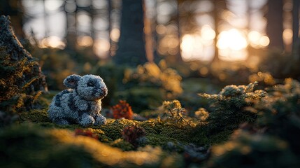 Obraz premium Small plush toy rabbit sits nestled in a sunlit forest floor covered with moss