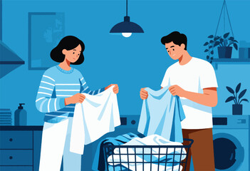 Couple folding laundry in a blue-toned room with washing machine, basket, shelving and overhead lamp