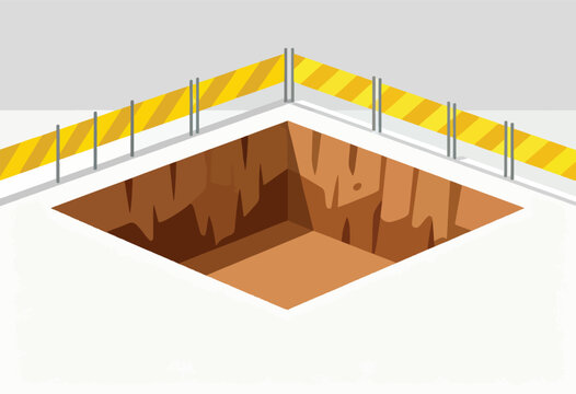 An isometric illustration depicts a construction site. A deep pit is guarded by a striped safety barrier