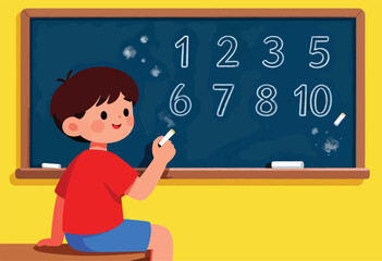 A young child with a red shirt and blue shorts is writing numbers on a chalkboard