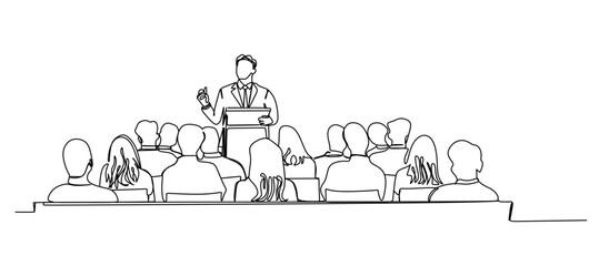 A person giving a lecture in line art for a presentation. A person giving a lecture from behind a podium and speaking to an audience is depicted in simple line art.