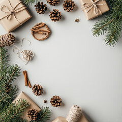 christmas background with fir branches and cones