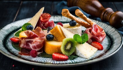 Gourmet Artisanal Cheese and Charcuterie Platter With Fresh Fruit Garnish Served on a Decorative Plate With Warm Lighting and Shallow Depth of Field