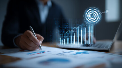 Businessman analyzing financial charts with holographic data image