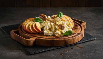 Gourmet Artisanal Cheese and Fruit Board With Honey Drizzle on Rustic Wood With Fresh Mint Garnish and Sliced Apples Detailed Food Photography