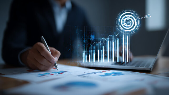 Businessman analyzing financial charts with holographic data image - Powered by Adobe