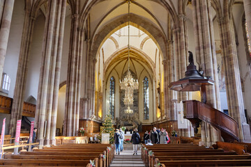 2024, 30 December, France, Alsace, Strasbourg: View of Notre Dame cathedral with frame houses