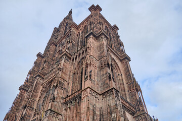 2024, 30 December, France, Alsace, Strasbourg: View of Notre Dame cathedral with frame houses