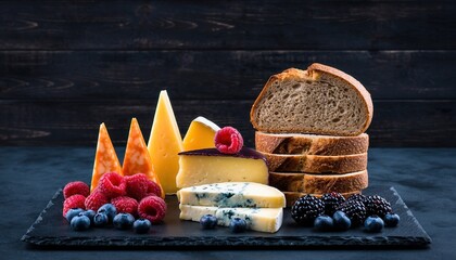 Gourmet Artisanal Cheese Board Featuring Ripe Berries Crusty Bread and Various Cheeses Elegantly Plated on Slate Under Soft Warm Kitchen Lighting