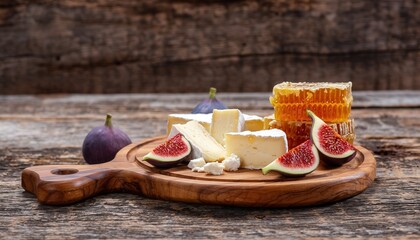 Gourmet artisanal cheese board featuring creamy brie and camembert cheeses with fresh figs and golden honeycomb slices arranged on a rustic wooden cutting board bathed in soft natural light, perfect