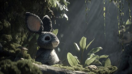 Adorable young lagomorph sits quietly nestled in a deeply shaded, lush green forest environment