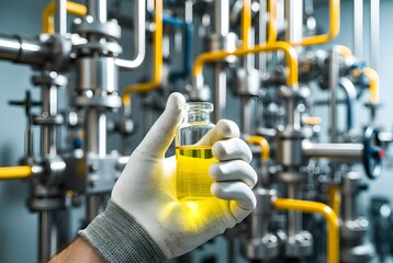Gloved Hand Holding Glass Vial with Yellow Liquid Sample Against Complex Industrial Stainless Steel Pipes and Valves Background in Sterile Scientific Setting.