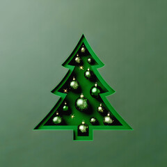 Modern green Christmas tree cutout design with gold ornaments and sparkles. Minimalist holiday concept with layered paper effect and geometric tree shape silhouette 