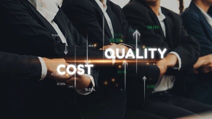 A business team engages in a strategic discussion focused on balancing cost and quality metrics,...