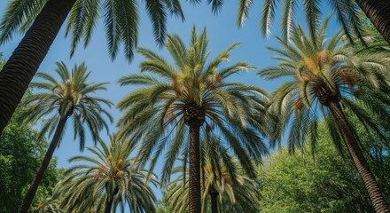 Obraz premium Low-angle view of several tall palm trees with lush green fronds against a blue sky