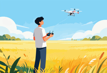 A person operates a drone in a field, under a bright blue sky with clouds. Focus on the aerial vehicle