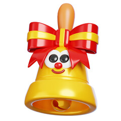 Cute 3D Christmas Bell with Red Ribbon Bow Isolated. Golden Jingle Bell Cartoon Character for Holiday Greeting and New Year.