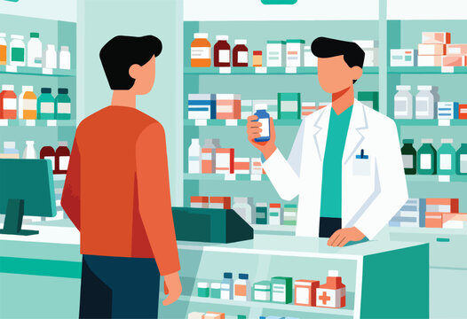 A patient at a pharmacy counter is shown a medicine bottle by a pharmacist. Shelves filled with various bottles and packages