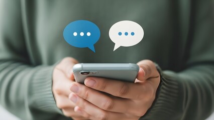 Person using smartphone with chat bubbles overlayed for communication and connection