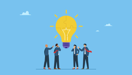 Diverse business people connect lightbulb jigsaw puzzle. Idea brainstorming, cooperation or collaboration to get solution, teamwork or team meeting to develop idea together, employee participation.