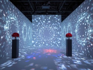Immersive Digital Art Installation with Projection Mapping and Floral Accents