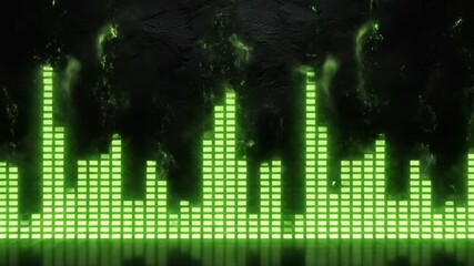 Vibrant green and black visualizer bars reacting dynamically to unseen audio input creating a powerful abstract background powerful, rhythmic, computer system