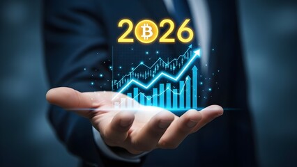 Businessman holding holographic chart predicting cryptocurrency growth in 2026 with bitcoin symbol