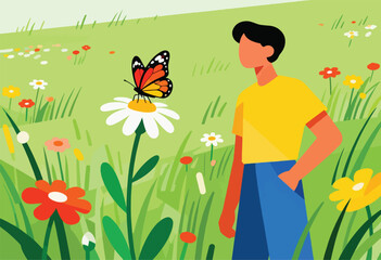 A person in a yellow shirt and blue pants looks at a butterfly on a daisy in a field of flowers