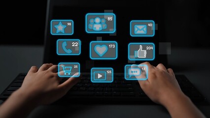 Icons representing social media interaction, communication, and engagement. Social media builds community, social media drives connection, and social media influences behavior. Marrow