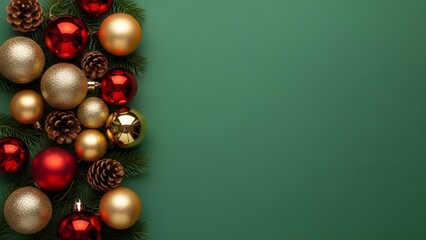 Festive christmas decoration with gold and red ornaments on green background