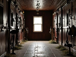 Interior view of a wooden horse stable with stalls lit by natural light from a window