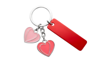 Red Rectangular Tag and Two Pink Heart Charms on a Silver Keychain Keywords: keychain, key ring, heart charm, love, romance, gift, accessory