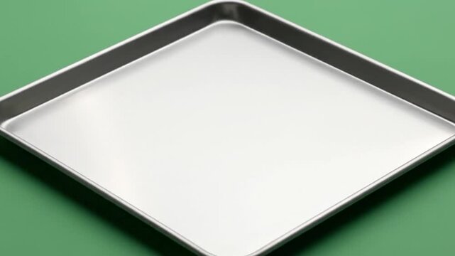 Empty Metal Baking Sheet on a Green Background.