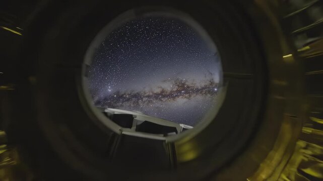 Looking through a golden structure at stars and a nebula