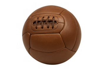 Old-fashioned brown leather football or soccer ball, showing retro design and classic sport equipment. Transparent background