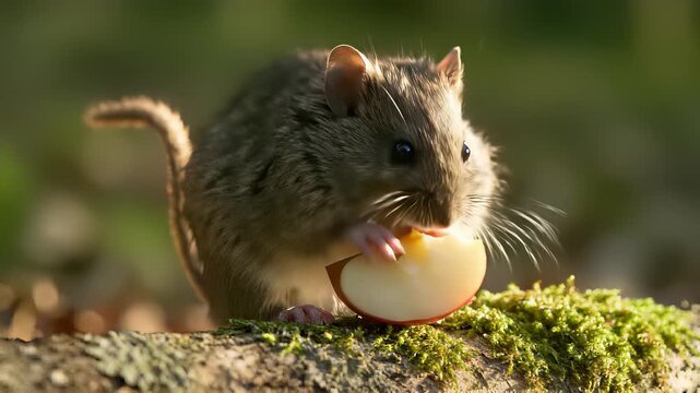 A tiny dormouse indulges in a juicy apple on a mossy rock, capturing the concept of savoring sweet treats in peaceful surroundings, perfect for commercial use cases such as advertising healthy.