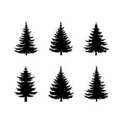 Collection of black tree silhouettes on a white background