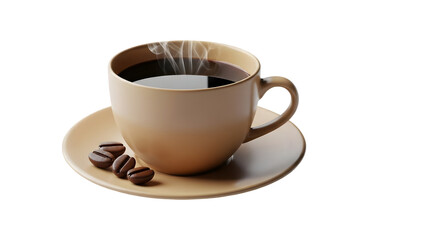Obraz premium Steaming Cup of Dark Coffee on a Saucer with Coffee Beans and Black Background graphic