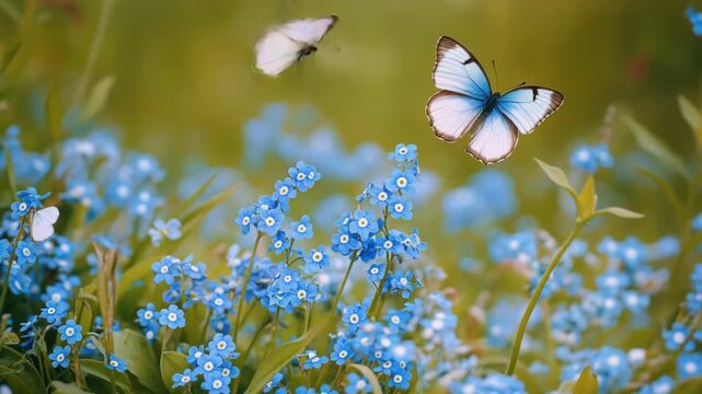 Video A colorful scene with two butterflies flying above blue flowers, great for s or design elements