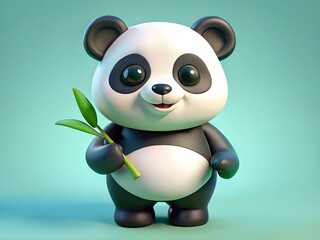 Adorable cartoon panda cub happily holds a fresh green bamboo leaf in a studio setting