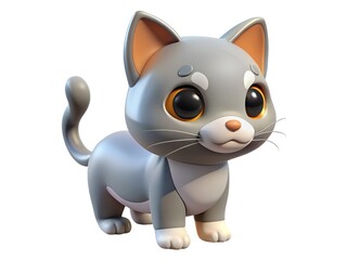 Obraz premium Adorable cartoon gray kitten with large expressive eyes looking forward on a white background