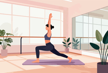 Fototapeta premium A woman is in a yoga pose in a sunlit studio, with plants and large windows