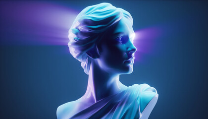 Majestic mythological goddess sculpture in dramatic neon and celestial lighting, featuring flowing marble-like hair, ethereal glow, and surreal futuristic details, elegant divine art portrait.