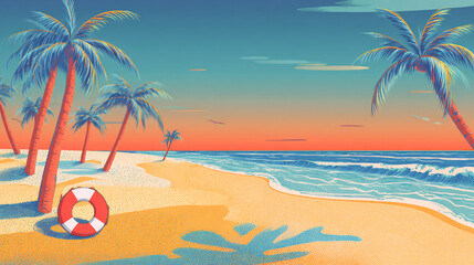 Tropical beach scene with palm trees ocean waves and a life preserver ring there