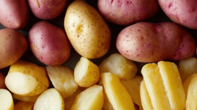 Video A pile of potatoes with some cut up for cooking