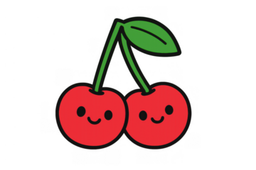 Cute cartoon cherries smiling with happy faces and black outlines on a transparent background