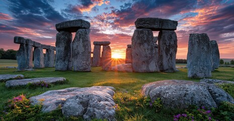 a dramatic sunrise over stonehenge, casting long shadows and illuminating the ancient stones with vibrant colors of orange and purple