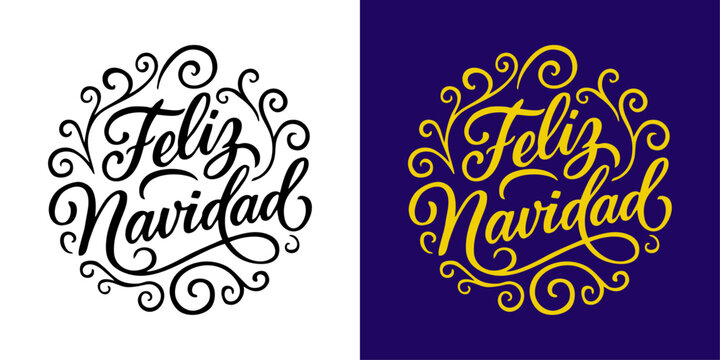 Logo de Navidad. Grupo de mensajes en espa&ntilde;ol Feliz Navidad con florituras de adorno para tarjetas y felicitaciones 